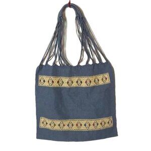 Vintage Embroidered Tote Bag Purse Boho Festival Hippie Blue Grey Tribal